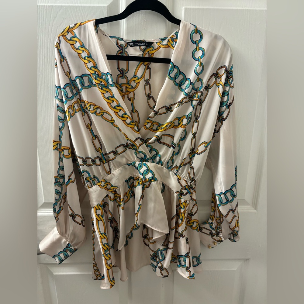 Zara Chain Print Wrap Blouse (Size Small, Never Worn)